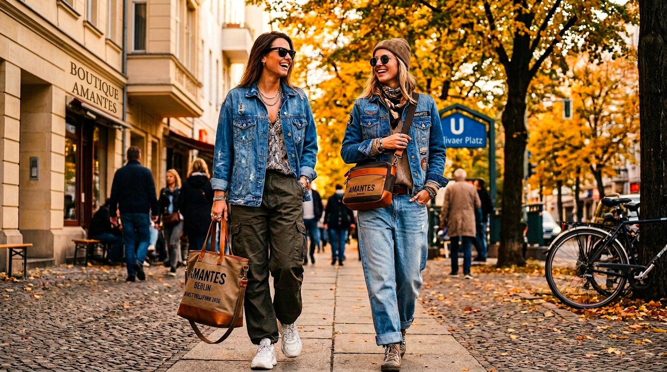 Two women walk past Kreuzberg Cafe and a Berlin U-Bahn sign.